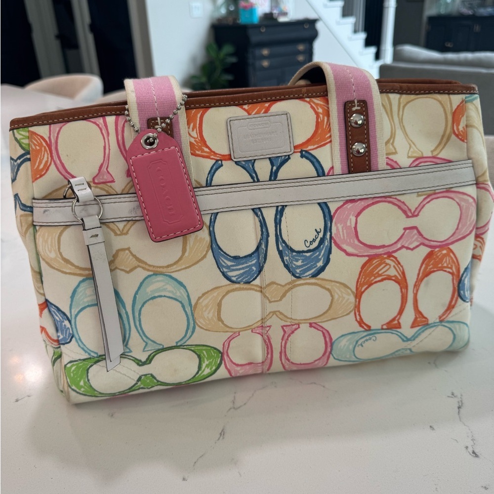 Coach Multicolor Scribble Signature Canvas Tote with Pink Accents